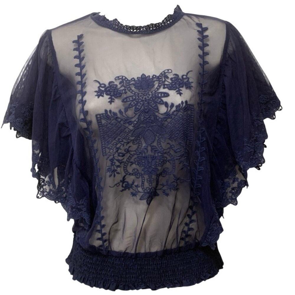 Daytrip Blue Mesh Lace Top Sheer Embroidered Flutter Sleeve Blouse Size Large